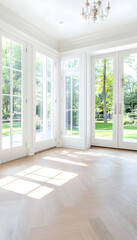 Fototapeta premium Sunlit room with herringbone floors and French doors leading to a green lawn; ideal for real estate listing