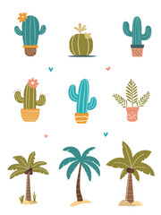 Collection of tropical elements with cacti, palm trees, and hearts for flyer design. Perfect for promotional materials, beach party invitations, travel brochures, and summer event printing