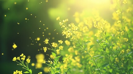Airborne yellow pollen from forests in spring causing allergies, respiratory issues, and poor air quality. Seasonal health concerns related to pollen allergy, asthma, and environmental impact.