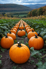 Endless Rows of Orange Pumpkins Stretching to Distant Mountain Ridges