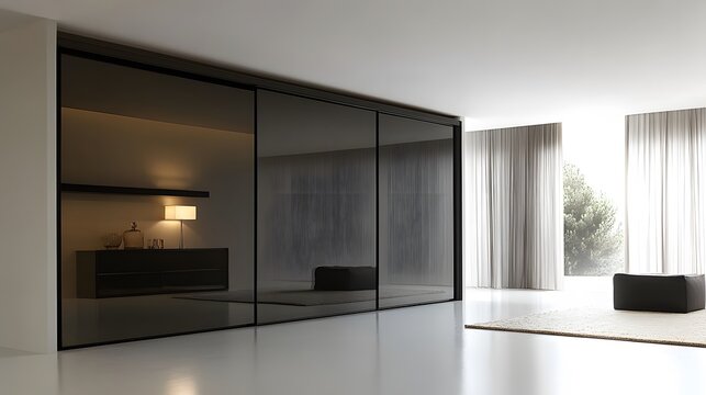 A modern wardrobe with sliding glass doors and a sleek finish, showcased against a plain white backdrop