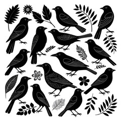 Obraz premium A variety of black birds, flowers, leaves. A variety of clipart sets and silhouettes. Linocut style. Hand drawn modern illustration. Isolated design elements. Icon, ornament, print, decoration