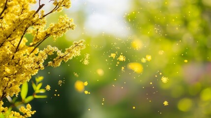 Airborne yellow pollen from forests in spring causing allergies, respiratory issues, and poor air quality. Seasonal health concerns related to pollen allergy, asthma, and environmental impact.