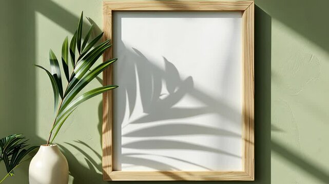 Wooden picture frame with plant shadows on a textured wall. 