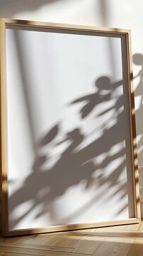 Blank wooden frame leaning against wall with plant shadows. Mockup frame,