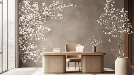 Modern office, minimalist design, floral wall, city view