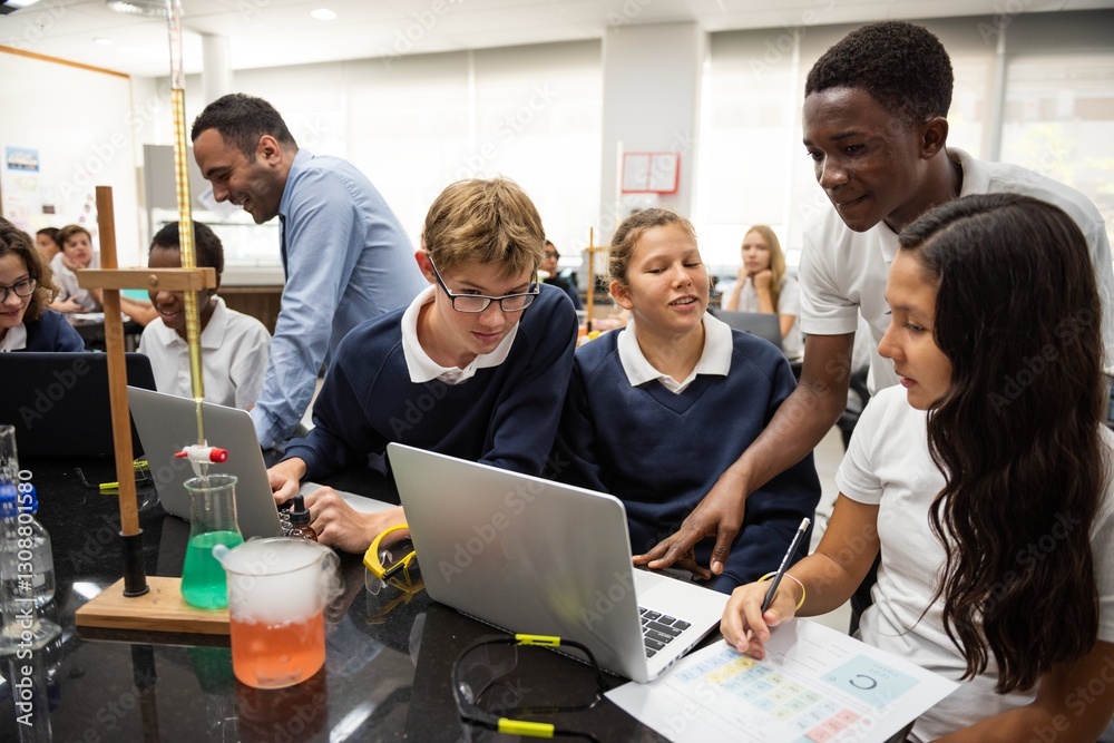Poster diverse students in science lab, working on laptops. group of diverse students, engaged in a collabo