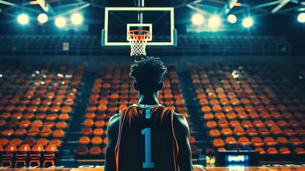 Player stands ready on court, facing basketball hoop, anticipation in the air.