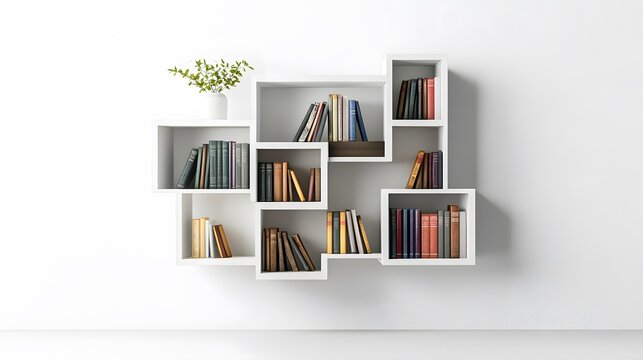A floating wall-mounted bookshelf with geometric compartments, isolated on a clean white backdrop