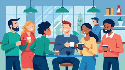 Obraz premium The sound of chatter and laughter can be heard from the break room where coworkers gather for morning coffee and introductions.. Vector illustration