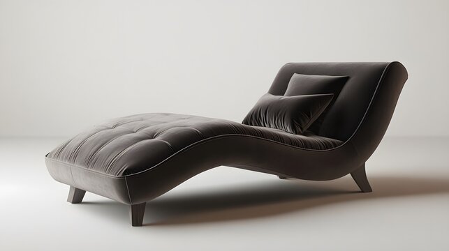 A sleek modern chaise lounge with a velvet finish, elegantly positioned against a plain background