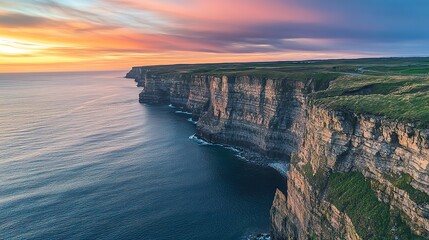 Coastal road overlooking ocean cliffs at sunset, golden hour light, pastel sky, deep blue water, and dramatic scenic view, bird’s-eye perspective.
