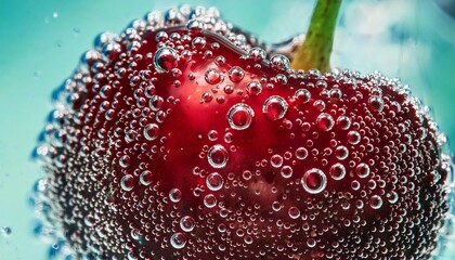 Extreme macro cherry in soda: tiny bubbles clinging. Refreshing, fizzy, vibrant red. Drink close-up, sparkling detail.

