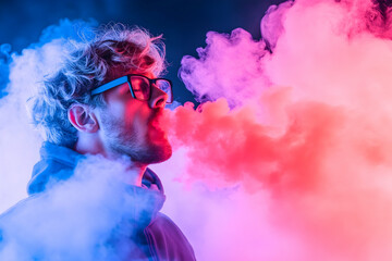 Vapor clouds engulf man in neon light; dramatic portrait for vaping ad or editorial