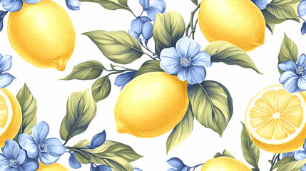 Vibrant lemon & blossom pattern; perfect for summer textile design, kitchen decor, or fresh branding
