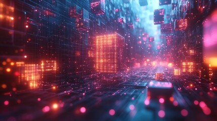 Fototapeta premium Digital cubes glowing in a futuristic city