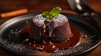 A Delicious Chocolate Lava Cake Served On A Black Plate