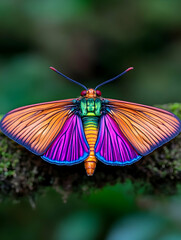 Vibrant rainforest moth perched on moss; nature photography, ideal for prints or screensavers