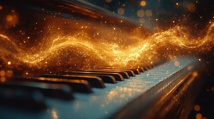 Grand piano keyboard with flowing golden energy in dark room