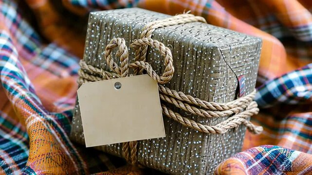 Gift wrapped in brown paper tied with twine and a blank tag on plaid fabric.