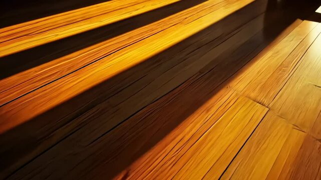 Warm toned hardwood basketball court floor with light reflections.