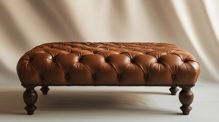 A luxurious leather ottoman with button tufting, placed on a clean backdrop with soft lighting