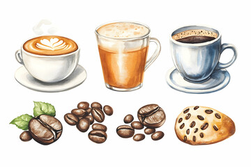 Watercolor Coffee Trio Latte, Cappuccino, Espresso with beans & cookie; perfect for cafe menus