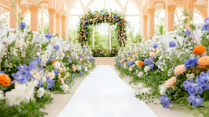 Fototapeta premium Wedding aisle decorated with flowers leading to floral arch in an elegant ceremony location outdoors, promoting celebrations