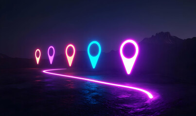 Neon Location Markers Creating a Vibrant Pathway at Night