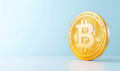 Golden Bitcoin Coin on Blue Surface, Digital Currency Concept