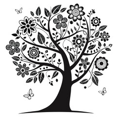 Black tree silhouette with heart-shaped leaves, love and family concept, vector illustration symbolizing connection, care, and affection, perfect for romantic and nature themes
