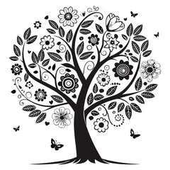 Black tree silhouette with heart-shaped leaves, love and family concept, vector illustration symbolizing connection, care, and affection, perfect for romantic and nature themes
