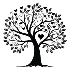 Black tree silhouette with heart-shaped leaves, love and family concept, vector illustration symbolizing connection, care, and affection, perfect for romantic and nature themes
