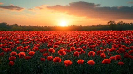 Red poppies field at sunset, rural landscape background, nature image