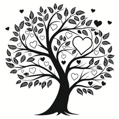Black tree silhouette with heart-shaped leaves, love and family concept, vector illustration symbolizing connection, care, and affection, perfect for romantic and nature themes

