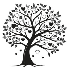 Black tree silhouette with heart-shaped leaves, love and family concept, vector illustration symbolizing connection, care, and affection, perfect for romantic and nature themes

