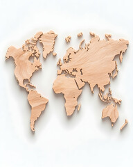 Wooden World Map on White Background; Decor, Travel Planning, Education