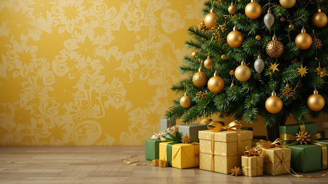 christmas tree with golden baubles, gifts wrapped in yellow and green, against yellow wallpaper. Season greetings concept