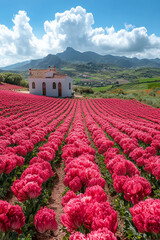 Floral tapestry: Rows of vibrant pink blooms cascade before idyllic landscape