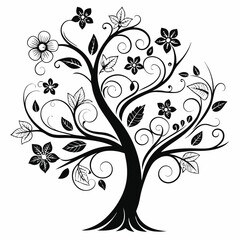 Black tree silhouette with heart-shaped leaves, love and family concept, vector illustration symbolizing connection, care, and affection, perfect for romantic and nature themes
