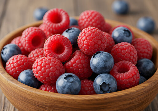 Bowl of fresh raspberries and blueberries