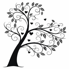 Black tree silhouette with heart-shaped leaves, love and family concept, vector illustration symbolizing connection, care, and affection, perfect for romantic and nature themes
