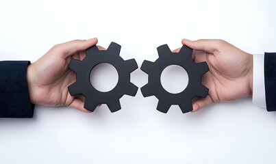 Hands Holding Black Gears Symbolizing Collaboration and Partnership