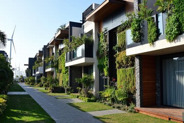 Modern eco-friendly residential architecture with vertical gardens and wind turbines