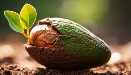 Close-up of an avocado pit starting to sprout, showing the first tiny cracks in its hard shell, revealing the early stages of growth.