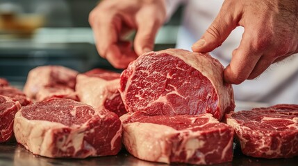 Raw Ribeye Steak Cuts on Stainless Steel Counter Ready for Cooking in Kitchen Environment
