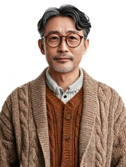 Portrait of Asian Man in Stylish Thick Rimmed Glasses and Cardigan