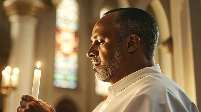 A chaplain lights a candle in a peaceful hospital chapel