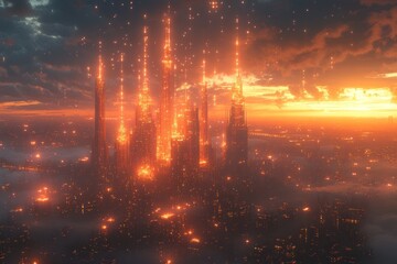 Fototapeta premium Futuristic city skyline at sunset with glowing lights, aerial view