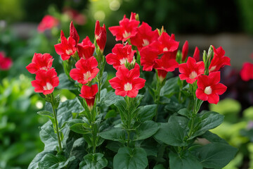 An illustration of Nicotiana alata flowers against a garden backdrop